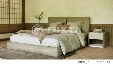 Bedroom japanese minimal style.,Modern white wall and wooden floor, room minimalist. 114035933