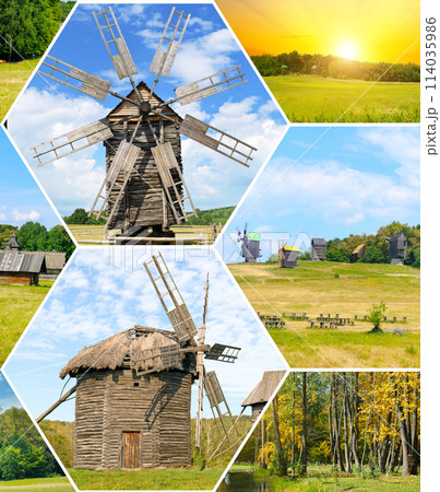Old wooden windmills in field and sun on sky. Pyrohiv village near Kiev, Ukraine. Collage. Old wooden windmills in field and sun on sky. Pyrohiv village near Kiev, Ukraine. Collage. 114035986