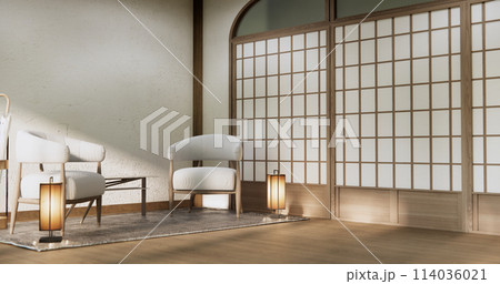 Living room modern minimal japan style with sofa armchair and decoration. Living room modern minimal japan style with sofa armchair and decoration. 114036021