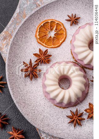 Delicious round pink and white cheesecake lactose-free, sugar-free, healthy nutrition Delicious round pink and white cheesecake lactose-free, sugar-free, healthy nutrition 114036448