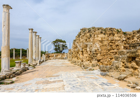old columns of salamis ruins, ancient city north cyprus and blue sky 4 114036506