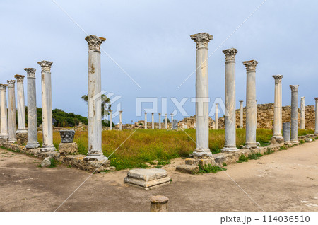 old columns of salamis ruins, ancient city north cyprus and blue sky 3 old columns of salamis ruins, ancient city north cyprus and blue sky 3 114036510