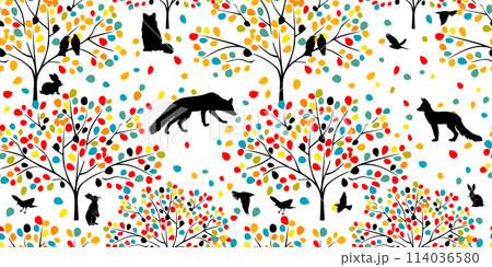Seamless background colored forest with animals. hand drawing. Not AI, Vector illustration Seamless background colored forest with animals. hand drawing. Not AI, Vector illustration 114036580