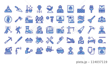 Labor Day Icons Bundle.Blue-color outline icons style. Vector illustration. Labor Day Icons Bundle.Blue-color outline icons style. Vector illustration. 114037119