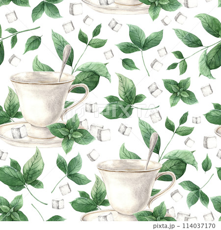 Watercolor pattern with mug, saucer, spoon, sugar and mint on a white background. Illustration is hand drawn, suitable for menu design, packaging, poster, website, textile, invitation, brochure. Watercolor pattern with mug, saucer, spoon, sugar and mint on a white background. Illustration is hand drawn, suitable for menu design, packaging, poster, website, textile, invitation, brochure. 114037170