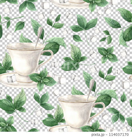 Watercolor pattern with mug, saucer, spoon, sugar and mint on a white background. Illustration is hand drawn, suitable for menu design, packaging, poster, website, textile, invitation, brochure. Watercolor pattern with mug, saucer, spoon, sugar and mint on a white background. Illustration is hand drawn, suitable for menu design, packaging, poster, website, textile, invitation, brochure. 114037170