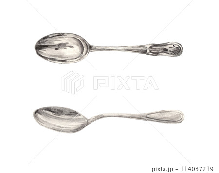 Watercolor drawing of silver vintage teaspoons. Illustration hand drawn on white background, suitable for menu design, packaging, poster, website, textile, invitation, brochure, textile. 114037219