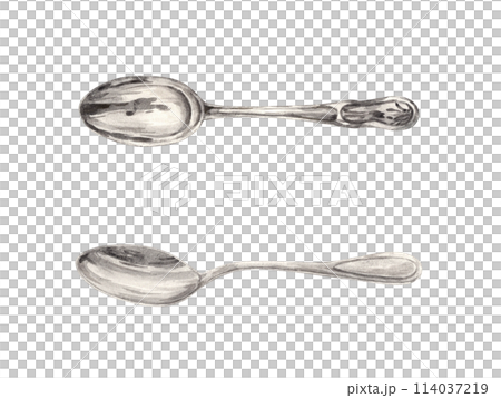 Watercolor drawing of silver vintage teaspoons. Illustration hand drawn on white background, suitable for menu design, packaging, poster, website, textile, invitation, brochure, textile. 114037219