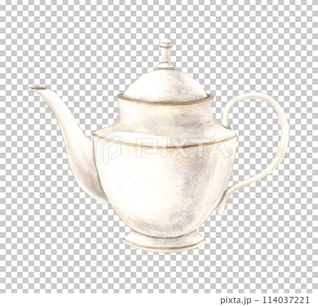 Watercolor drawing of a ceramic teapot with gold braid. Illustration hand drawn on white background, suitable for menu design, packaging, poster, website, textile, invitation, brochure, textile. 114037221