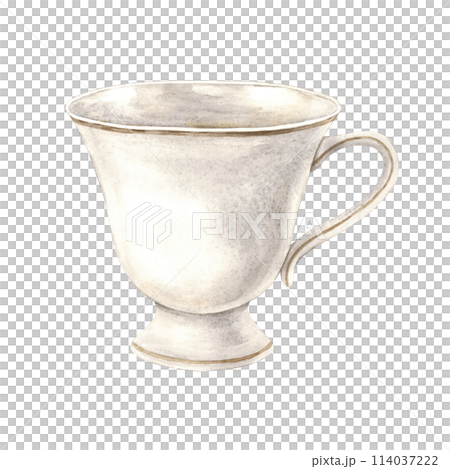 Watercolor drawing of a ceramic mug with gold braid. Illustration hand drawn on white background, suitable for menu design, packaging, poster, website, textile, invitation, brochure, textile. 114037222