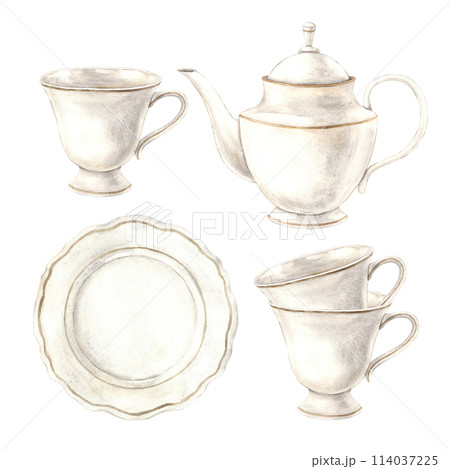 Vintage watercolor glassware set with gold trim around the edges. The illustration is hand drawn on an isolated background. Drawing for menu design, packaging, poster, website, textile, brochure. 114037225