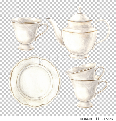 Vintage watercolor glassware set with gold trim around the edges. The illustration is hand drawn on an isolated background. Drawing for menu design, packaging, poster, website, textile, brochure. 114037225
