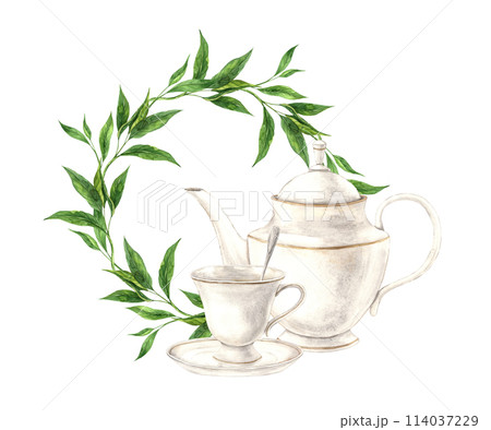 Watercolor round tea leaf wreath with vintage mug and teapot. The illustration is hand drawn on an isolated background. Drawing for menu design, packaging, poster, website, textile, invitations. 114037229