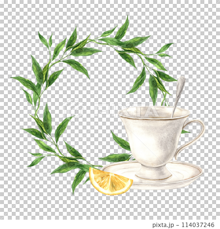 Watercolor tea round frame with ceramic vintage mug and calendula. Illustration is hand drawn, suitable for menu design, packaging, poster, website, textile, invitation, brochure, textile. Watercolor tea round frame with ceramic vintage mug and calendula. Illustration is hand drawn, suitable for menu design, packaging, poster, website, textile, invitation, brochure, textile. 114037246