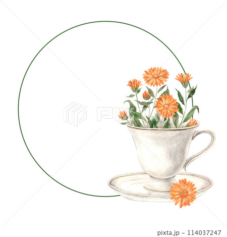 Watercolor tea round frame with ceramic vintage mug and calendula. Illustration is hand drawn, suitable for menu design, packaging, poster, website, textile, invitation, brochure, textile. 114037247