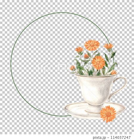 Watercolor tea round frame with ceramic vintage mug and calendula. Illustration is hand drawn, suitable for menu design, packaging, poster, website, textile, invitation, brochure, textile. 114037247
