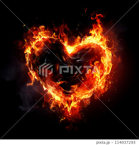Fire heart isolated on black background. Flame symbol of love. Intense emotions, passionate love. Gift for Valentine's Day 114037293
