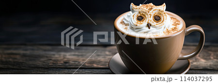 Cup of coffee with latte art, milk foam owl illustration. Banner with cup of cappuccino on wooden table for coffee lovers. Cozy atmosphere. 114037295