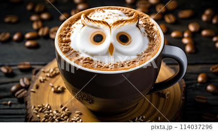 Cup of coffee with latte art, milk foam owl illustration. Cozy atmosphere. Cup of cappuccino on wooden table for coffee lovers. 114037296