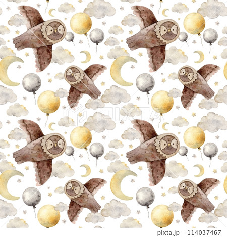 Childish watercolor pattern with owl, starry sky, balloon, moon and clouds on a white background. Isolated hand drawn illustration for children's interior, cards, stickers, textiles, design. 114037467