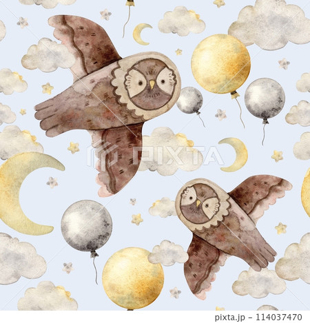Childish watercolor pattern with owl, starry sky, balloon, moon and clouds on a blue background. Isolated hand drawn illustration for children's interior, cards, stickers, textiles, design. 114037470
