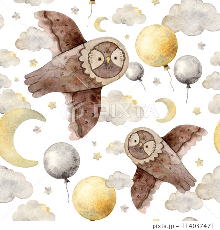 Childish watercolor pattern with owl, starry sky, balloon, moon and clouds on a white background. Isolated hand drawn illustration for children's interior, cards, stickers, textiles, design. Childish watercolor pattern with owl, starry sky, balloon, moon and clouds on a white background. Isolated hand drawn illustration for children's interior, cards, stickers, textiles, design. 114037471