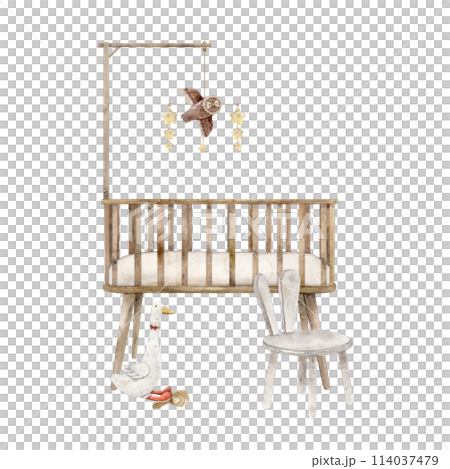 Watercolor crib for a New Year's baby with a mobile, a plush goose, an owl and a white chair. Isolated hand drawn illustration for children's interior, cards, stickers, textiles, design, invitations 114037479