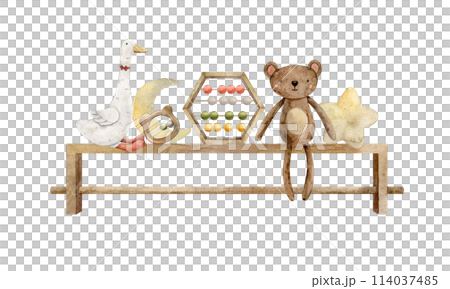 Watercolor shelf with various children's toys, teddy bear and goose, stars, rattles and abacus. Isolated hand drawn illustration for children's interior, cards, stickers, textiles, design, invitations Watercolor shelf with various children's toys, teddy bear and goose, stars, rattles and abacus. Isolated hand drawn illustration for children's interior, cards, stickers, textiles, design, invitations 114037485