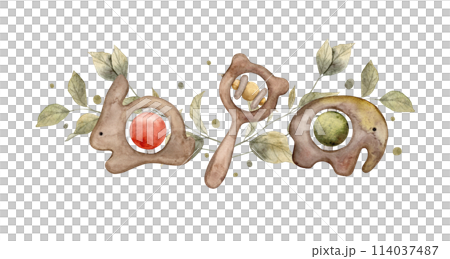 Watercolor composition with wooden rattles, elephant, hare, bear and green plants. Illustration hand drawn on isolated background for cards, interior, stickers, textiles, design, invitations. 114037487