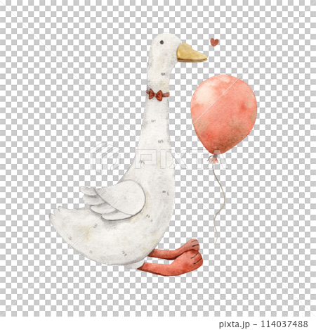 Watercolor drawing with a plush goose and a bow, a red balloon and a heart. Illustration hand drawn on isolated background for cards, interior, stickers, textiles, design, invitations 114037488