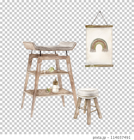 Children's interior, watercolor composition of a changing table, chair and poster on the wall. Isolated hand drawn illustration for children's interior, cards, stickers, textiles, design, invitations. 114037491