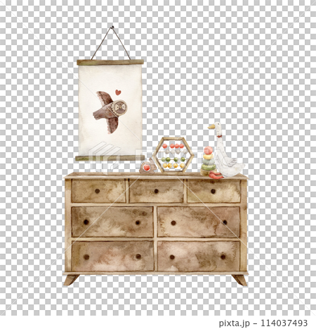 Wooden chest of drawers, poster with an owl and various toys, a pyramid, rattles, abacus, a soft goose. Isolated watercolor illustration for children's interior, cards, stickers, textiles, design. 114037493