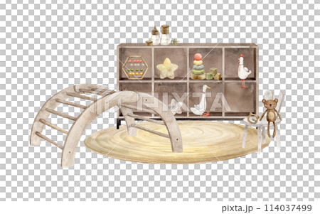 Interior composition of a children's room with a climbing arch, a chair, a carpet and various toys. Isolated watercolor illustration for children's interior, cards, stickers, textiles, design. 114037499