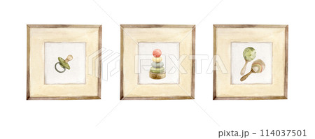 Watercolor set of photo frames with different children's drawings on the wall. Isolated hand drawn illustration for children's interior, cards, stickers, textiles, design, invitations. Watercolor set of photo frames with different children's drawings on the wall. Isolated hand drawn illustration for children's interior, cards, stickers, textiles, design, invitations. 114037501