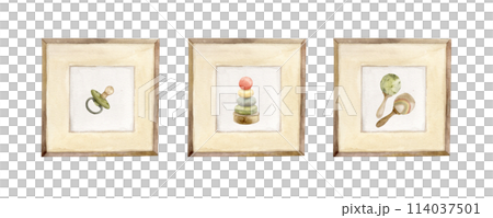 Watercolor set of photo frames with different children's drawings on the wall. Isolated hand drawn illustration for children's interior, cards, stickers, textiles, design, invitations. Watercolor set of photo frames with different children's drawings on the wall. Isolated hand drawn illustration for children's interior, cards, stickers, textiles, design, invitations. 114037501