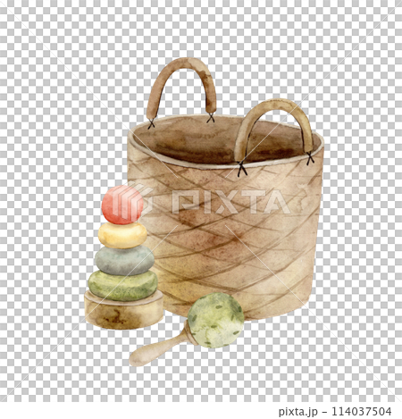 Textile wicker basket for toys, next to it lie a rattle and a multi-colored pyramid. Isolated watercolor illustration for children's interior, cards, stickers, textiles, design. 114037504
