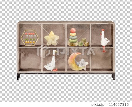 Children's watercolor cabinet with shelves for toys, abacus, goose and rooster, moon and stars, cube and pyramid. Isolated hand drawn illustration for children's interior, cards, stickers, textiles 114037516