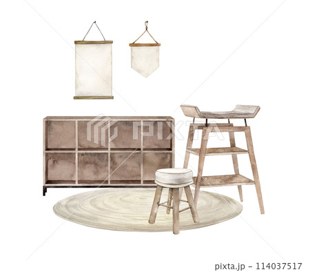 Children's interior, changing table, chair and poster on the wall, chest of drawers with shelves and carpet. Isolated hand drawn illustration for children's interior, cards, stickers, textiles, design Children's interior, changing table, chair and poster on the wall, chest of drawers with shelves and carpet. Isolated hand drawn illustration for children's interior, cards, stickers, textiles, design 114037517