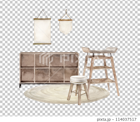 Children's interior, changing table, chair and poster on the wall, chest of drawers with shelves and carpet. Isolated hand drawn illustration for children's interior, cards, stickers, textiles, design Children's interior, changing table, chair and poster on the wall, chest of drawers with shelves and carpet. Isolated hand drawn illustration for children's interior, cards, stickers, textiles, design 114037517