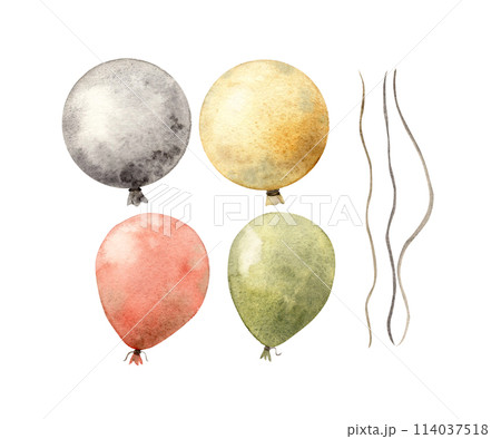 Watercolor set with multi-colored balloons. Illustration hand drawn on isolated background for cards, interior, stickers, textiles, design, invitations, birthdays, anniversaries, holidays. 114037518