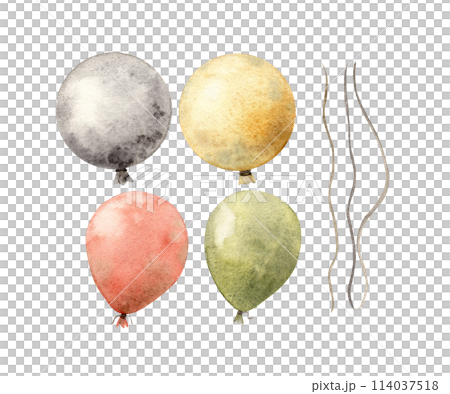 Watercolor set with multi-colored balloons. Illustration hand drawn on isolated background for cards, interior, stickers, textiles, design, invitations, birthdays, anniversaries, holidays. 114037518