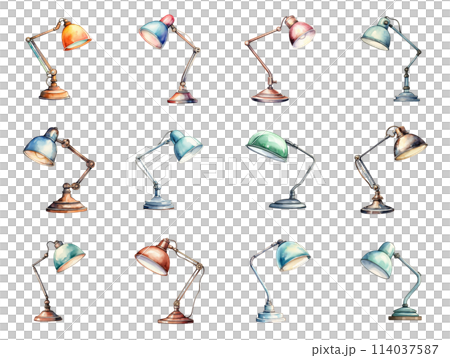 Watercolor Illustration of a Classic Desk Lamp with Rounded Shade 114037587