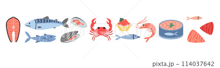 Seafood set, cartoon style. Marine animal like salmon, tuna, shrimp, crab and mussel. Fresh fish, canned food, meat and steaks. Trendy vector illustration isolated on white, hand drawn, flat design Seafood set, cartoon style. Marine animal like salmon, tuna, shrimp, crab and mussel. Fresh fish, canned food, meat and steaks. Trendy vector illustration isolated on white, hand drawn, flat design 114037642