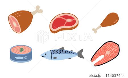 Various types of healthy protein, poultry, red meat and fish, cartoon style. Trendy modern vector illustration isolated on white background, hand drawn, flat design 114037644