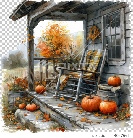 Porch With Pumpkins and Rocking Chair 114037661
