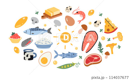 Best sources of vitamin D foods, cartoon style. Sea food, fish, meat, dairy products, eggs and vegetables set. Isolated vector illustration, hand drawn, flat design Best sources of vitamin D foods, cartoon style. Sea food, fish, meat, dairy products, eggs and vegetables set. Isolated vector illustration, hand drawn, flat design 114037677