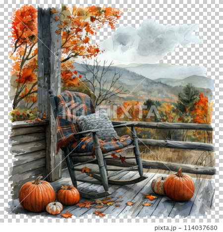 Rocking Chair and Pumpkins on Porch 114037680