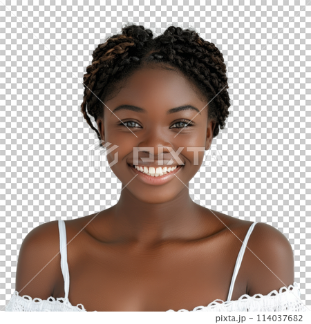 Woman Wearing White Top Smiling at Camera 114037682