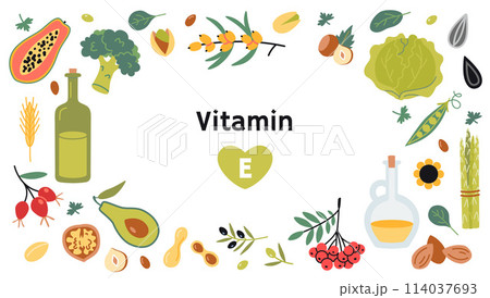 Frame with Best sources of vitamin E foods, cartoon style. Fruits, vegetables, nuts, berries and oil. Isolated vector illustration, hand drawn, flat design Frame with Best sources of vitamin E foods, cartoon style. Fruits, vegetables, nuts, berries and oil. Isolated vector illustration, hand drawn, flat design 114037693