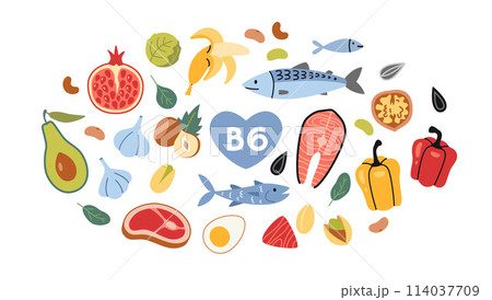Best sources of vitamin B6 foods, cartoon style. Sea food, fish, meat, fruits, vegetables, nuts and eggs set. Isolated vector illustration, hand drawn, flat design Best sources of vitamin B6 foods, cartoon style. Sea food, fish, meat, fruits, vegetables, nuts and eggs set. Isolated vector illustration, hand drawn, flat design 114037709